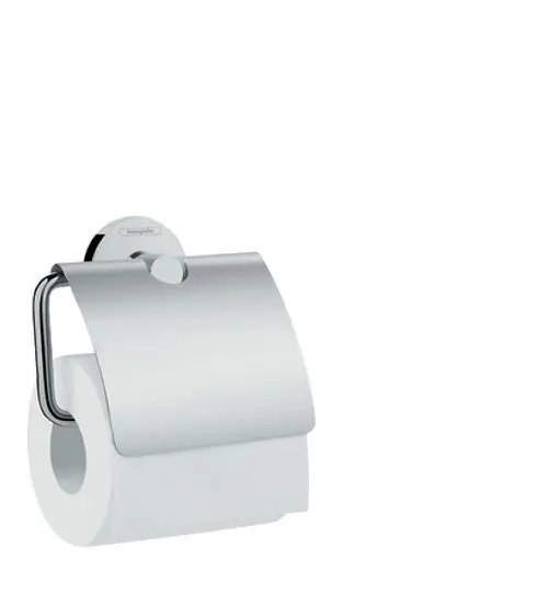 Chromfarbener Toilettenpapierhalter mit Deckel von Hansgrohe, montiert an einer Wand, mit einer Rolle Toilettenpapier.